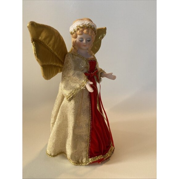 Vintage Christmas Angel Tree Topper 10" Tall Red and Gold Robe Eyes Closed - Picture 3 of 11